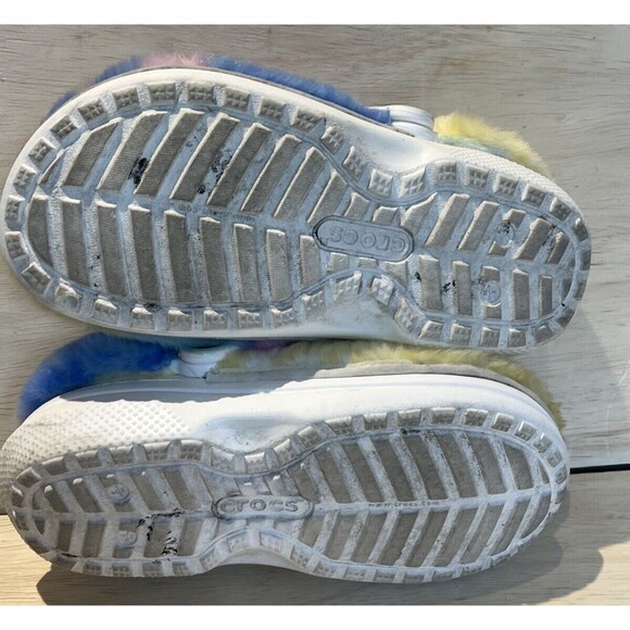 Crocs Sandals Womens Size 7 Rainbow Fur sure Clog tie tye dye rainbow cozy soft - Picture 7 of 9